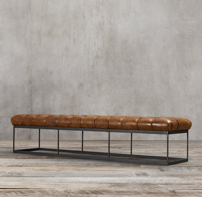 78" Tufted Leather & Metal Bench