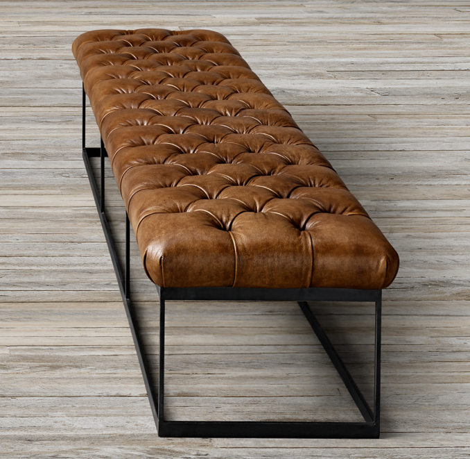 78" Tufted Leather & Metal Bench