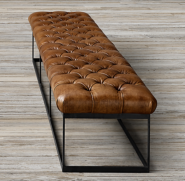 78 Tufted Leather Metal Bench, Leather Tufted Bench