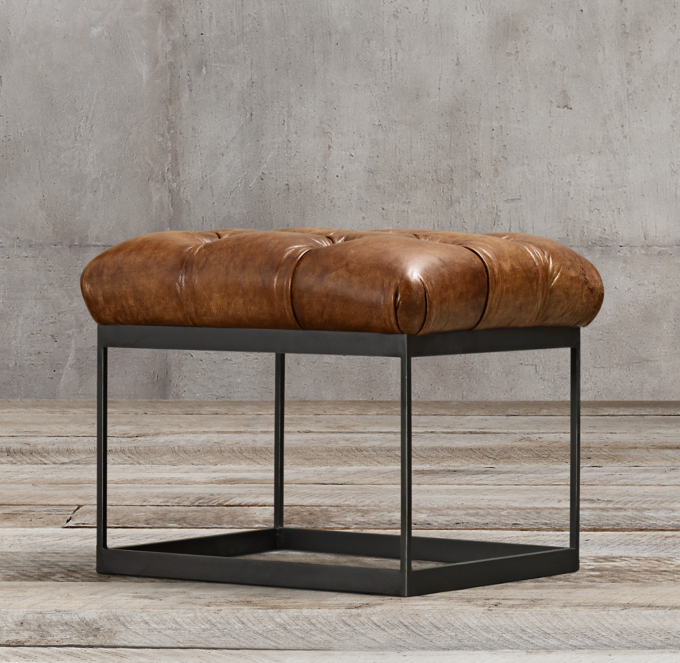 22" Tufted Leather & Metal Bench