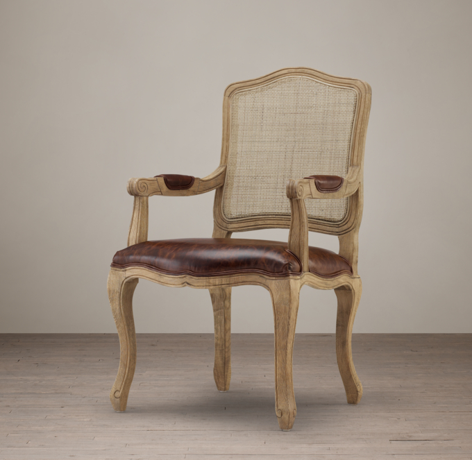 Vintage French Camelback Cane Back Leather Armchair