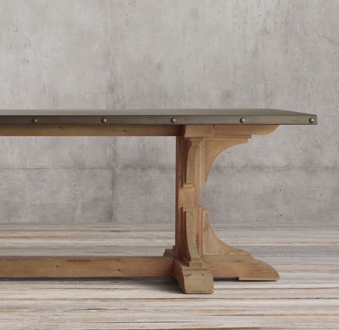20th C. Reclaimed Pine & Zinc Trestle Rectangular Dining Table