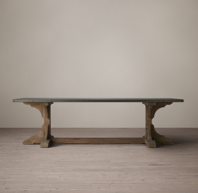 20th C. Reclaimed Pine Zinc Trestle Rectangular Dining Table RH