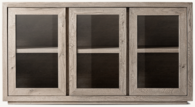 Front view of Reclaimed Oak Thin Frame Glass Triple-Door Sideboard 