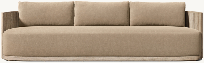 108&#34; sofa shown in Aged Teak. Cushions shown in Camel Perennials&#174; Performance Textured Linen Weave. 