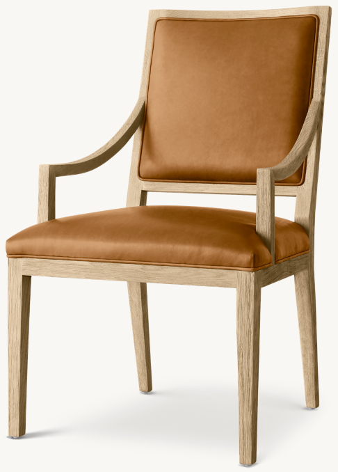 Three Quarter view of French Contemporary Square Leather Slope Dining Armchair  