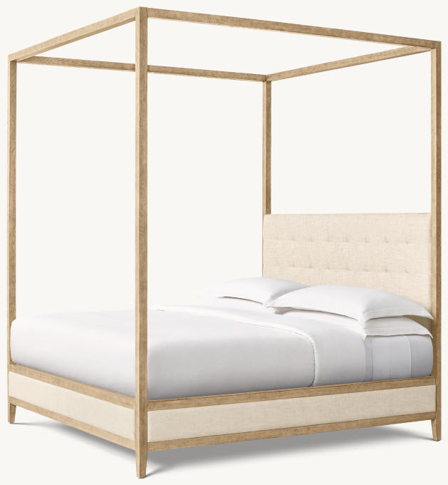 French Contemporary Fabric Box-Tufted Panel Canopy Bed