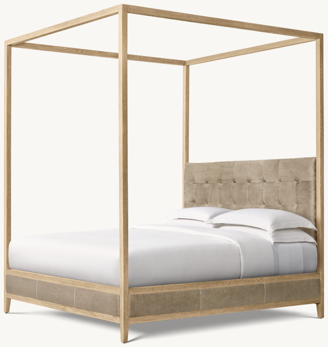 French Contemporary Leather Box-Tufted Panel Canopy Bed