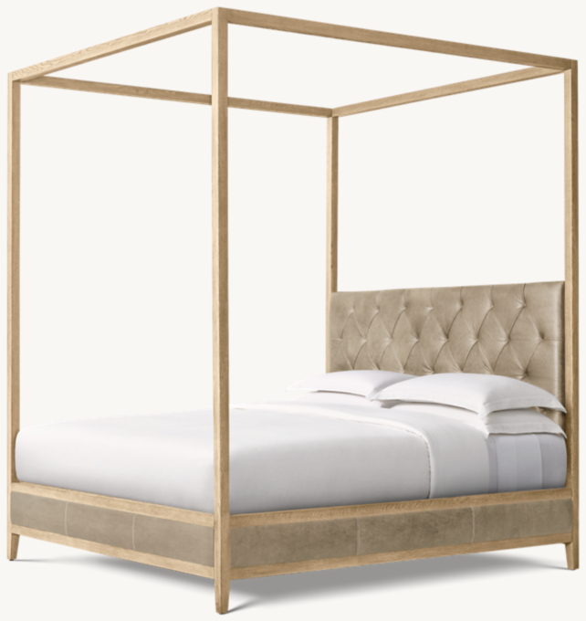 French Contemporary Leather Diamond-Tufted Panel Canopy Bed