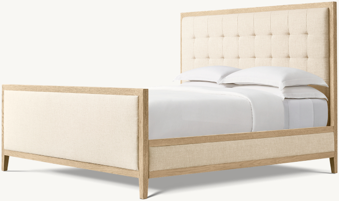 French Contemporary Fabric Box-Tufted Panel Bed With Footboard