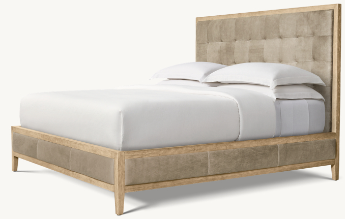 Three Quarter view of French Contemporary Leather Box-Tufted Panel Bed 