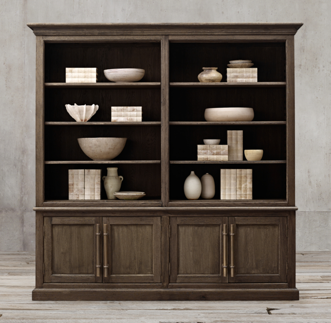 20th C. English Brass Bar Pull Panel 4Door Sideboard & Open Hutch