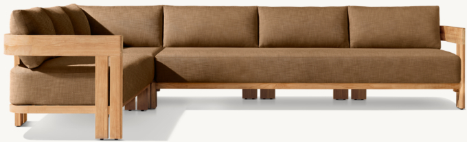 Shown in Natural Teak. Cushions shown in Burnt Caramel Perennials&#174; Performance Textured Linen Weave. Sectional consists of 1 three-seat left-arm sofa, 1 corner chair and 1 three-seat right-arm sofa.