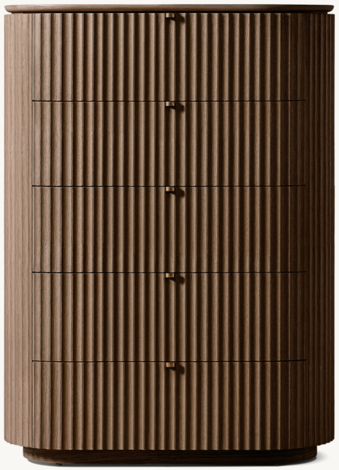 Vue de Face - Milos - Commode Haute à 5 Tiroirs - Chêne Brun/Laiton Foncé