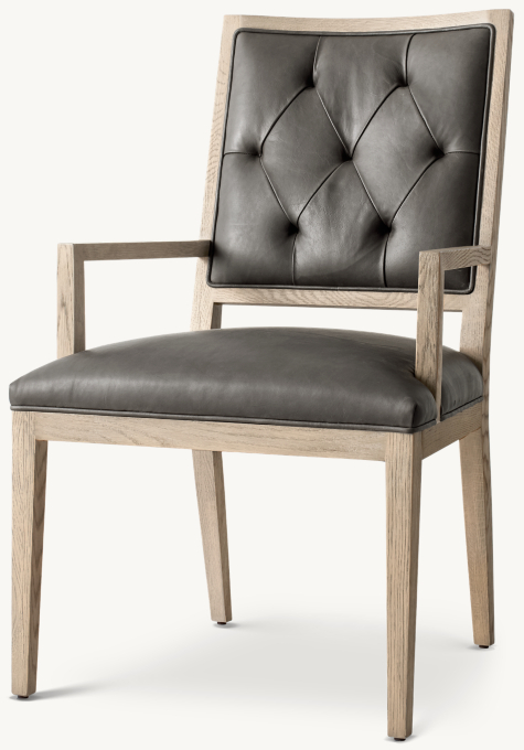 French Contemporary Tufted Square Leather Dining Armchair