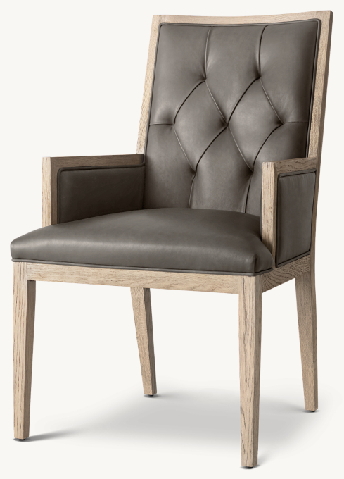 French Contemporary Tufted Square Leather Closed Dining Armchair