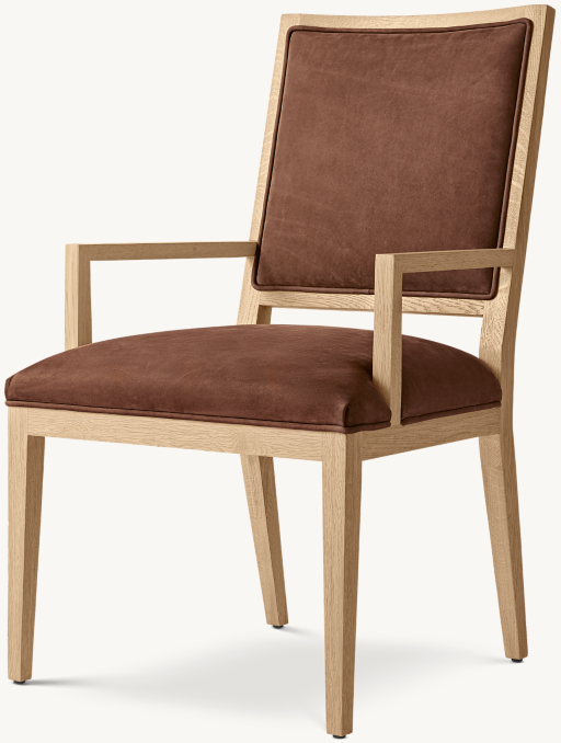 Three Quarter view of French Contemporary Square Leather Dining Armchair  