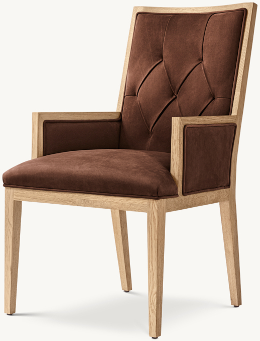Three Quarter view of French Contemporary Tufted Square Leather Closed Dining Armchair  