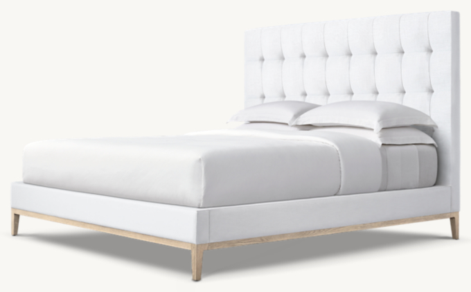 Italia Fabric Box-Tufted Panel Platform Bed - Oak Base 