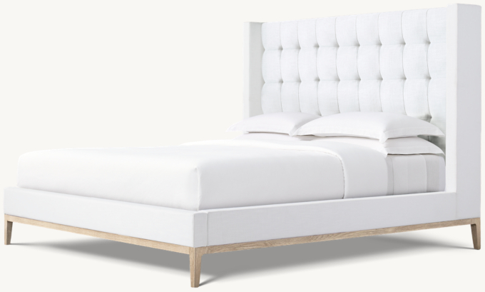Italia Fabric Box-Tufted Shelter Platform Bed - Oak Base 