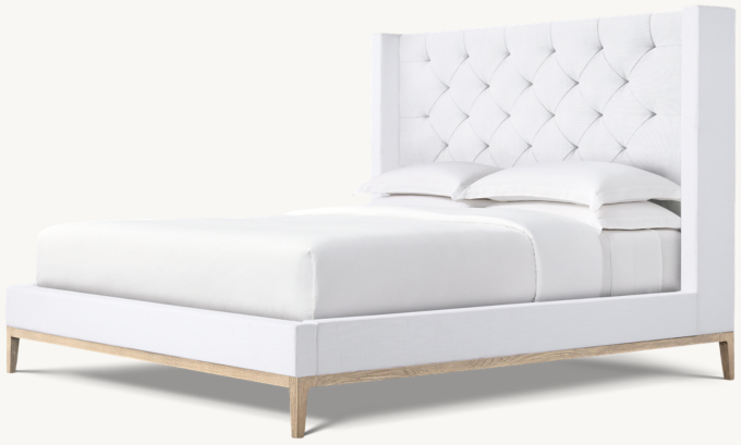 Italia Fabric Diamond-Tufted Shelter Platform Bed - Oak Base 