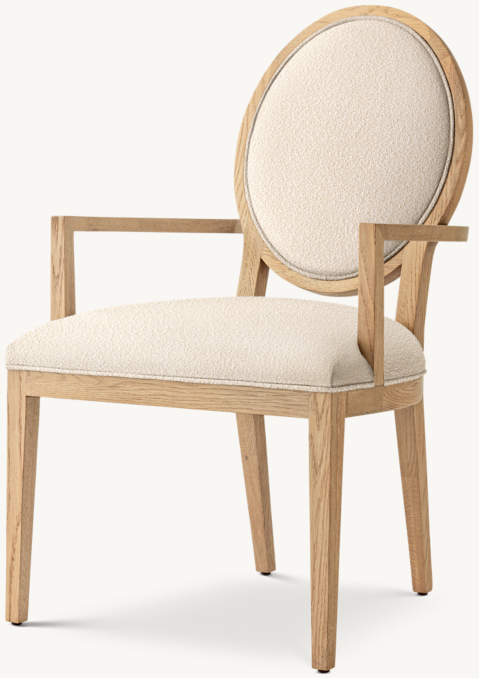 Three Quarter view of French Contemporary Round Fabric Dining Armchair 