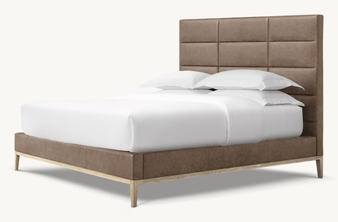 Italia Leather Rectangular Channel Panel Platform Bed - Oak Base
