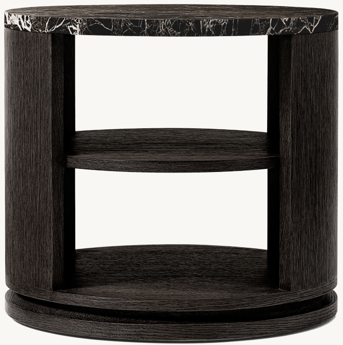 Vue de face - Ligné Emperador - Table d'appoint ouverte ronde - Chêne brossé noir/Emperador noir