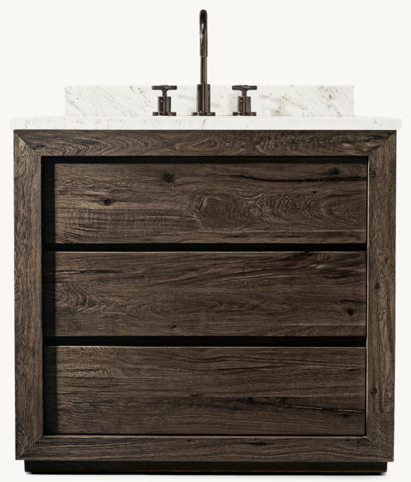 Shown in Drifted Reclaimed Brown Oak with Italian Calacutta countertop. Featured with Sutton Cross-Handle 8" Widespread Faucet.