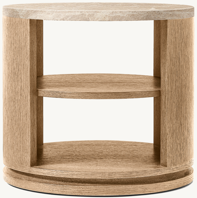 Vue de face - Ligné Emperador - Table d'appoint ouverte ronde - Chêne clair brossé/Emperador Crème