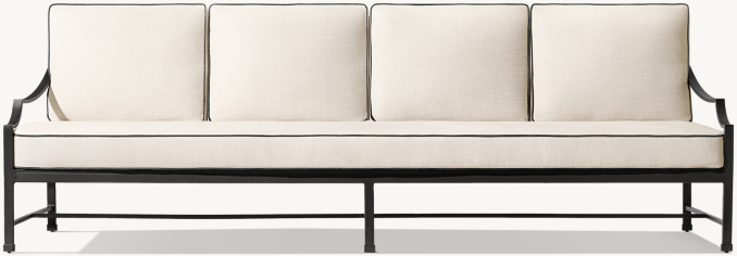 97" sofa shown in Iron. Cushions shown in Natural Perennials® Performance Textured Linen Weave with Black contrast piping.