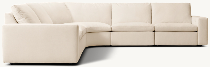 Shown in Natural Performance Linen Weave; this configuration includes 1 left-arm reclining chair, 1 stationary corner wedge, 2 armless reclining chairs and 1 right-arm reclining chair.