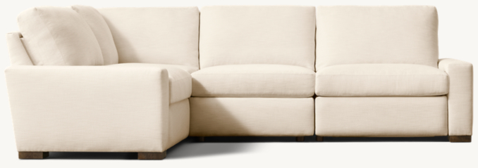 Shown in Natural Performance Linen Weave; this configuration includes 1 left-arm reclining chair, 1 corner stationary chair, 1 armless reclining chair and 1 right-arm reclining chair.