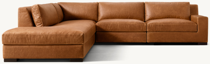 Shown in Italian Berkshire Chestnut; sectional consists of 1 left open chaise, 1 modular corner chair, 1 armless chair and 1 right-arm chair.