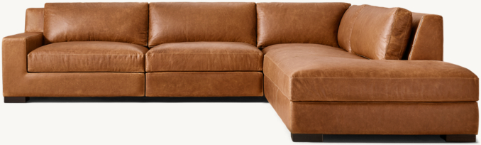 Shown in Italian Berkshire Chestnut; sectional consists of 1 left-arm chair, 1 armless chair, 1 modular corner chair and 1 right open chaise. Cushion configuration may vary by component.