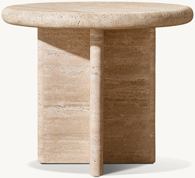 Italian Travertine Plank Round Side Table