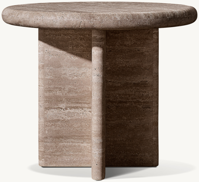 Italian Travertine Plank Round Side Table