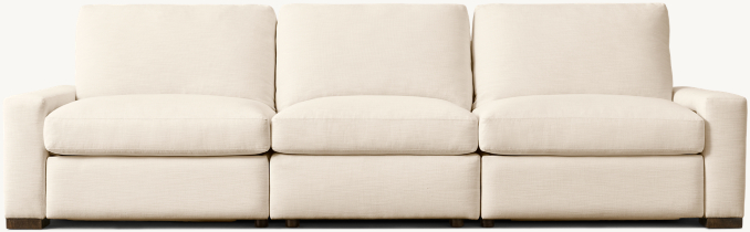Shown in Natural Performance Linen Weave; this configuration includes 1 left-arm reclining chair, 1 armless reclining chair and 1 right-arm reclining chair.