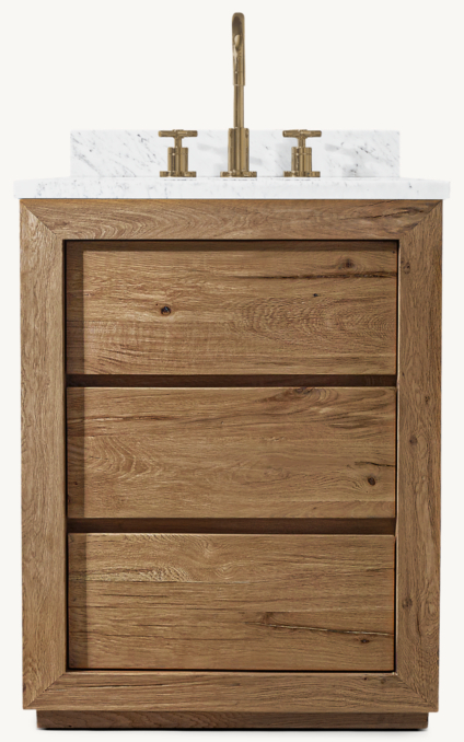 Shown in Drifted Reclaimed Natural Oak with Italian Calacutta countertop. Featured with Sutton Cross-Handle 8" Widespread Faucet.