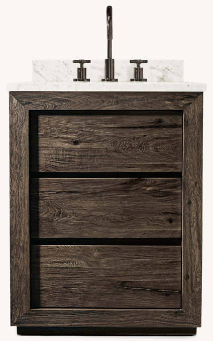 Shown in Drifted Reclaimed Brown Oak with Italian Calacutta countertop. Featured with Sutton Cross-Handle 8" Widespread Faucet.