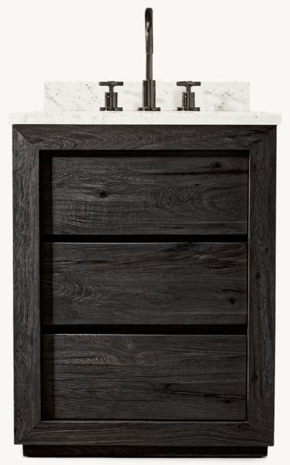 Shown in Drifted Reclaimed Black Oak with Italian Calacutta countertop. Featured with Sutton Cross-Handle 8" Widespread Faucet.