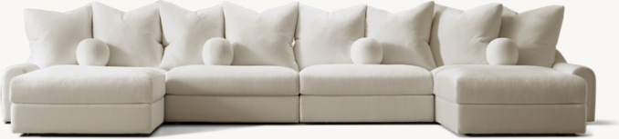 Shown in Natural Performance Washed Linen; sectional consists of 1 left-arm chair, 2 armless chairs, 2 right-arm chairs and 2 end-of-sectional ottomans.