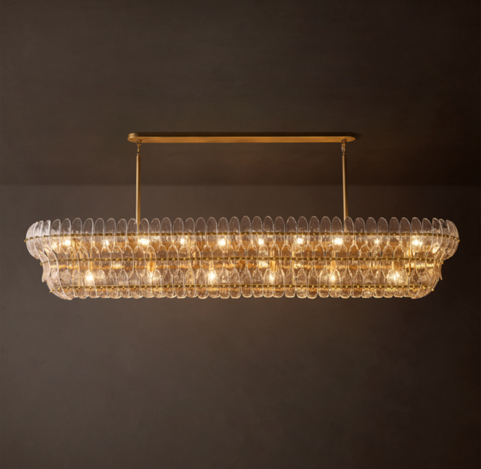 90" chandelier shown in Lacquered Burnished Brass.