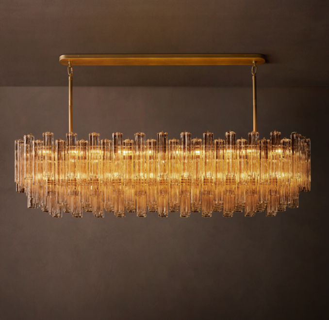 90" chandelier shown in Lacquered Burnished Brass.