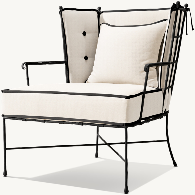 Shown in Forged Iron. Cushions shown in Natural Performance Textured Weave with Grey Sunbrella® Canvas contrast flange and tufting.
