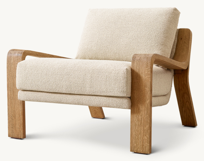 Shown in Bisque Italian Performance Fine Bouclé with Weathered Natural Oak finish.