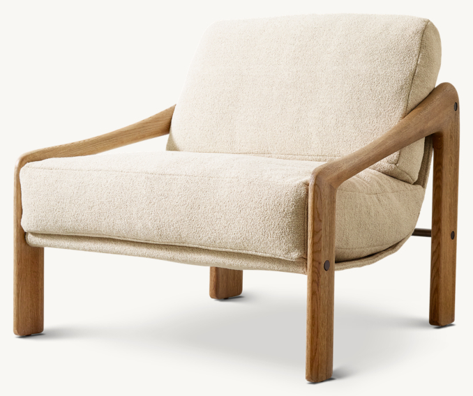 Shown in Bisque Italian Performance Fine Bouclé with Weathered Natural Oak finish.