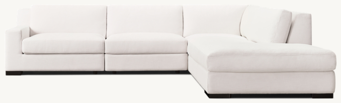 Shown in White Perennials® Performance Textured Linen Weave; sectional consists of 1 left-arm chair, 1 corner chair, 1 armless chair and 1 right open chaise.