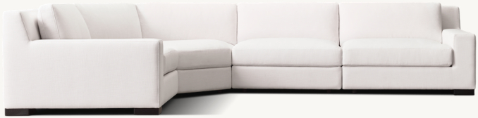 Shown in White Perennials® Performance Textured Linen Weave; sectional consists of 1 left-arm chair, 1 rounded corner 1 armless chair and 1 right-arm chair.