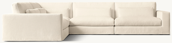 Shown in Natural Perennials® Performance Textured Linen Weave; Classic sectional consists of 1 left-arm chair, 1 modular corner chair, 1 armless chair and 1 right-arm chair. All Classic configurations include lumbar pillows.